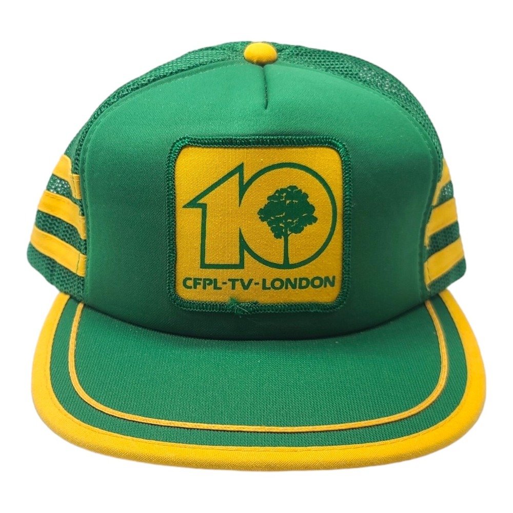 Vintage 3 Three Strip Trucker Hat Cap Mesh Snapback Green Yellow CFPL TV London